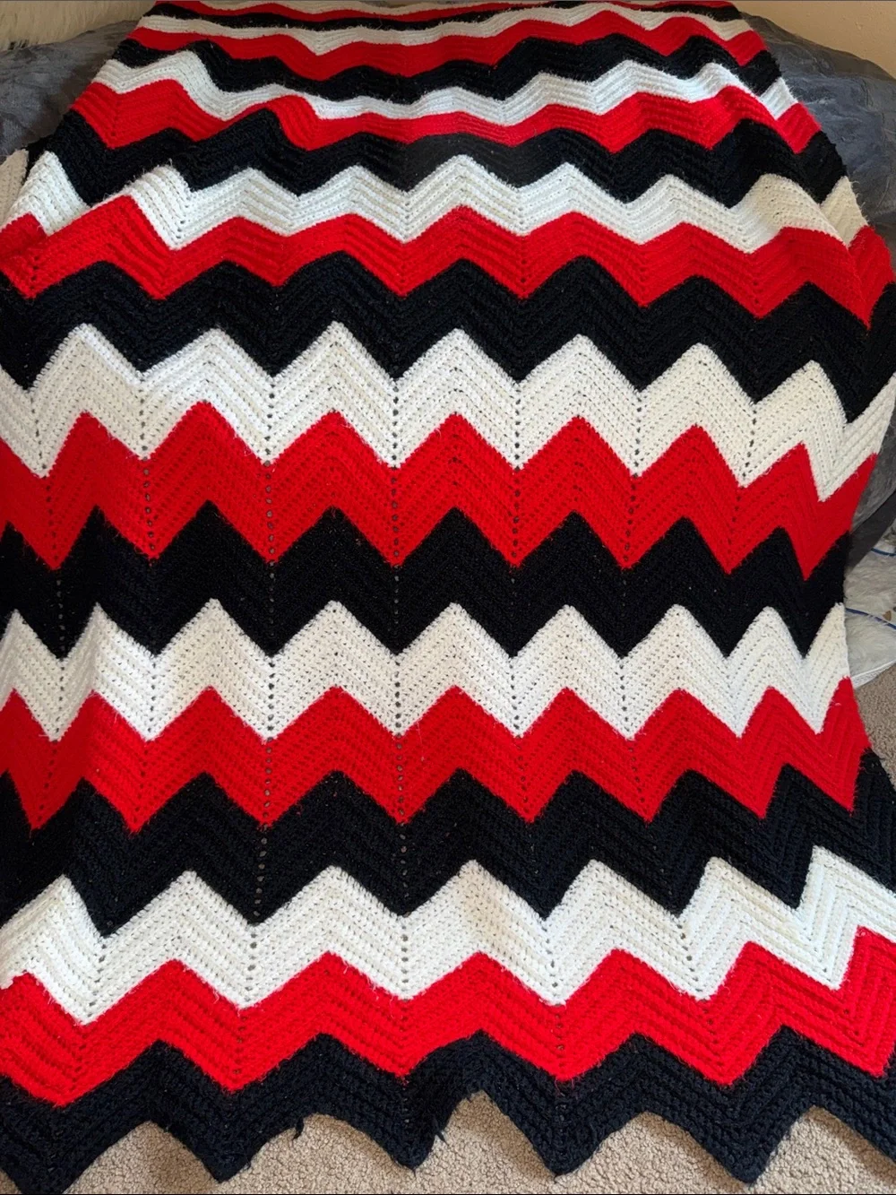 Hand Crafted Red Black‎ White Chevron Crochet Throw Blanket